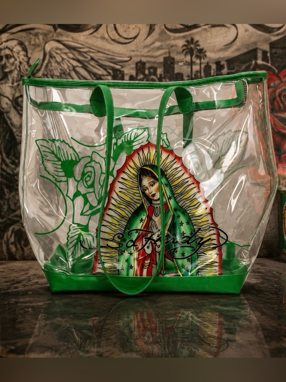 Ed Hardy Virgen de Guadalupe Clear Tote Bag w Pouch Green